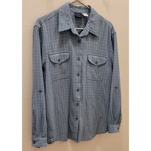 Laura Scott Blue/white Plaid Button Down L Top With Roll Tab Sleeves And Pockets